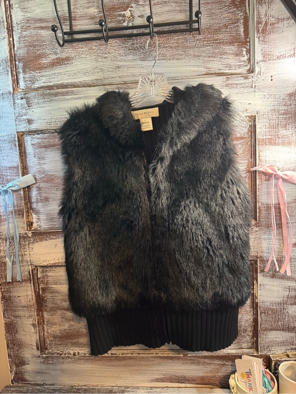 Susan Bristol Black Faux Fur Vest with Ribbed Hem